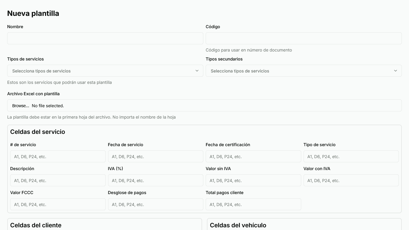 Form to add a template in the application